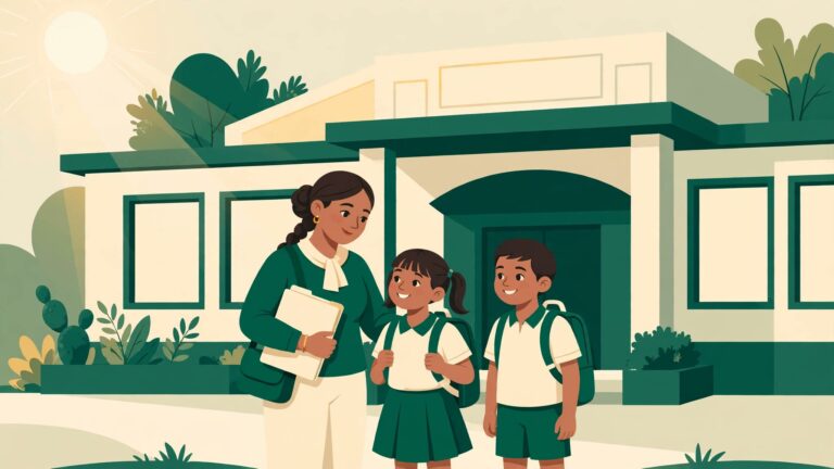 Ilustración de una madre con sus dos hijos en uniforme escolar frente a una escuela pública