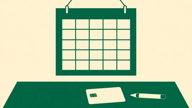Ilustración de un calendario de pared con una tarjeta bancaria y un lápiz sobre una mesa