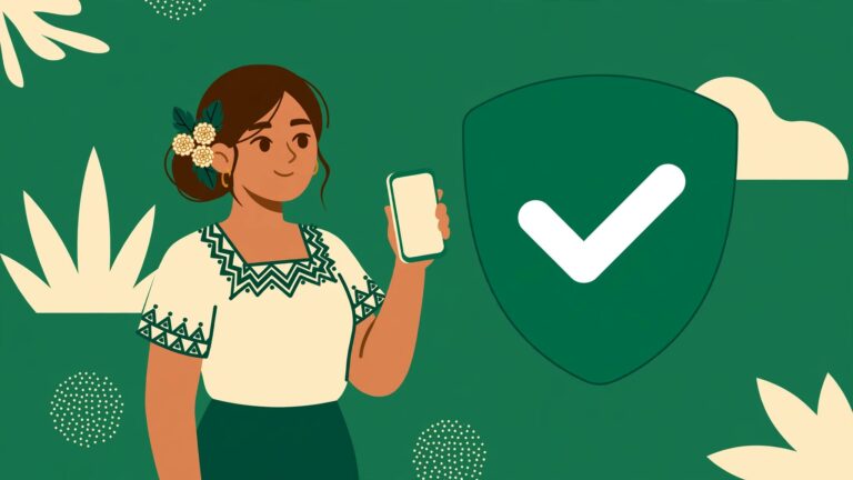 Ilustración de una mujer consultando su celular con un escudo de verificación verde