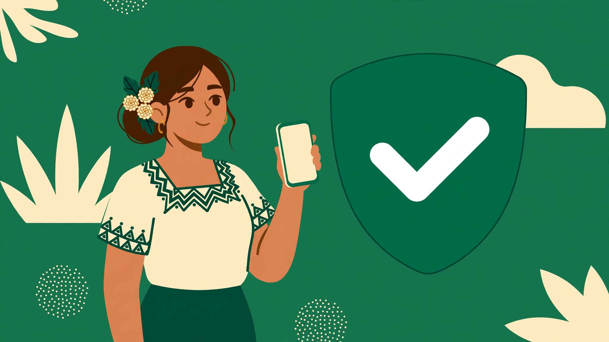 Ilustración de una mujer consultando su celular con un escudo de verificación verde