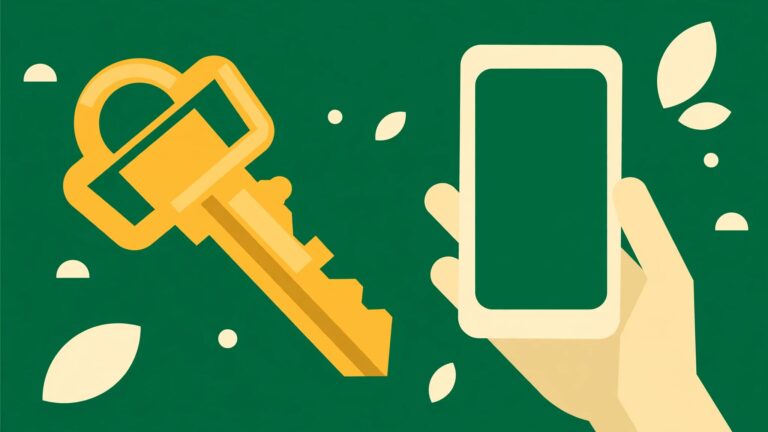 Ilustración de una llave dorada junto a un celular en la mano de una persona