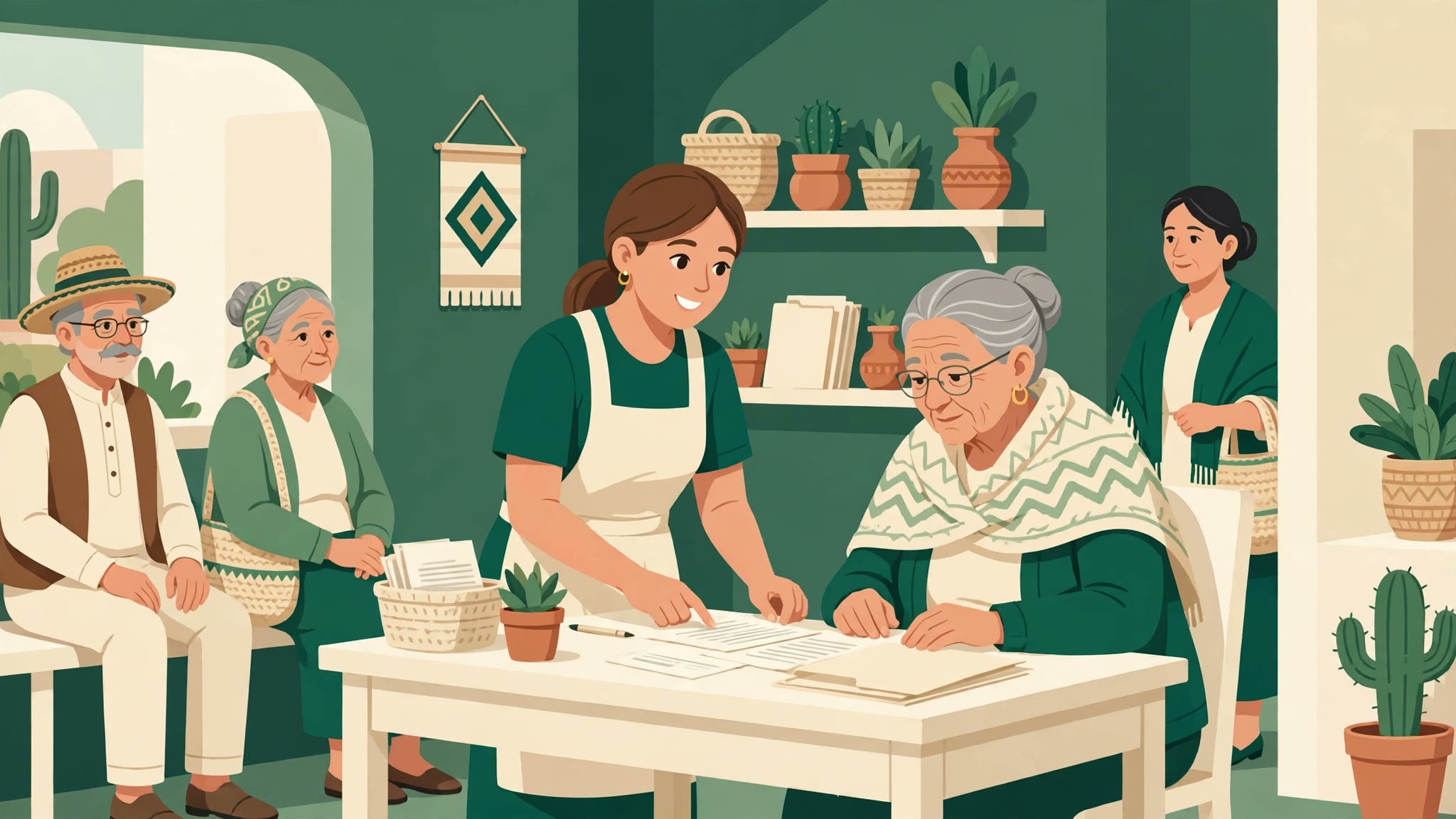 Ilustración de personas adultas mayores en un módulo de atención revisando documentos con una trabajadora